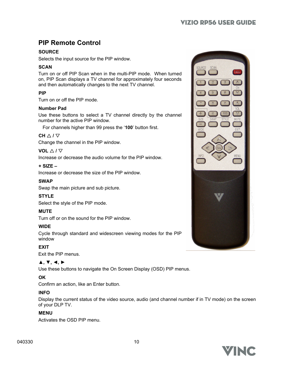 Vizio rp56 user guide, Pip remote control | Vizio RP56 User Manual | Page 13 / 59