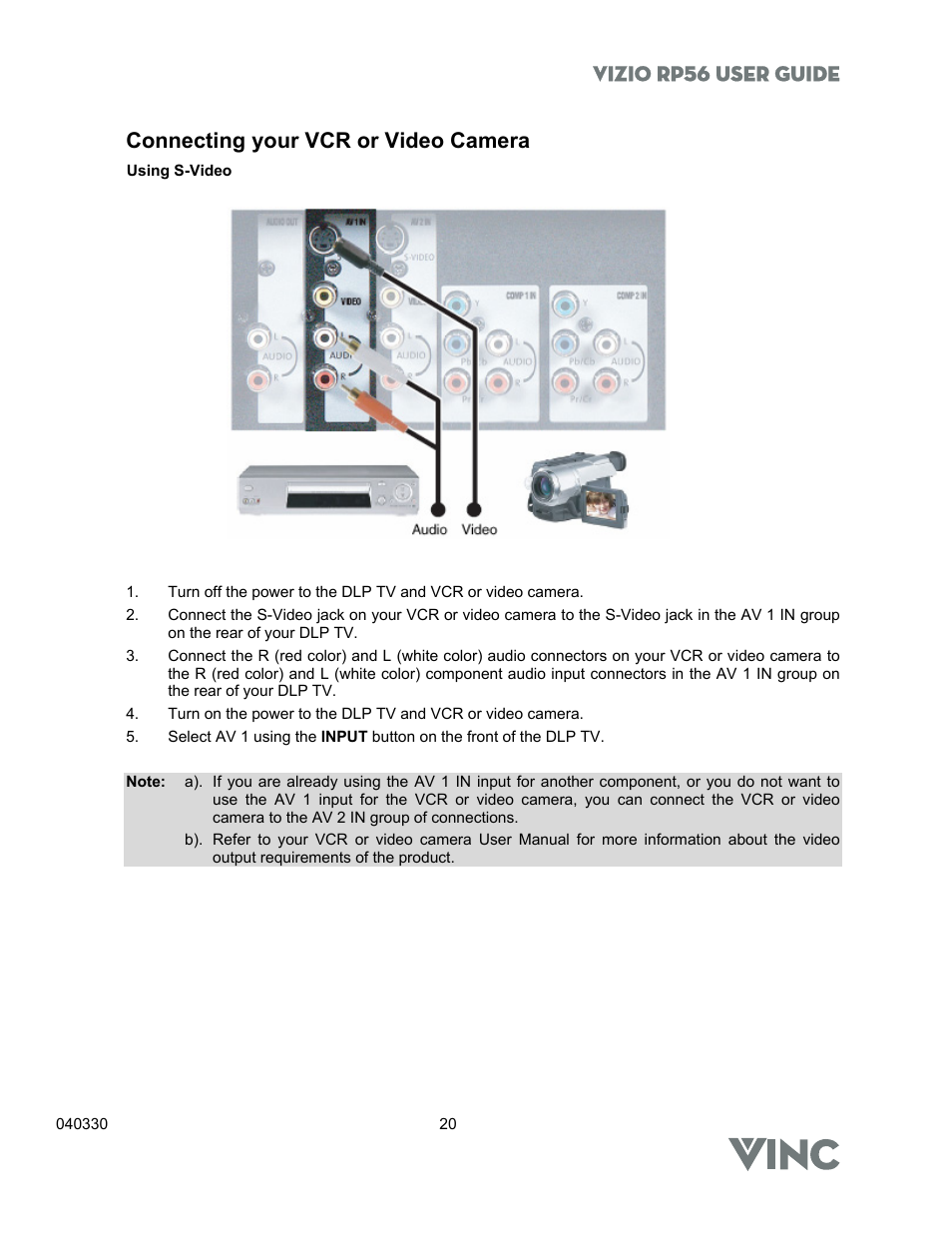 Vizio rp56 user guide, Connecting your vcr or video camera | Vizio RP56 User Manual | Page 23 / 59