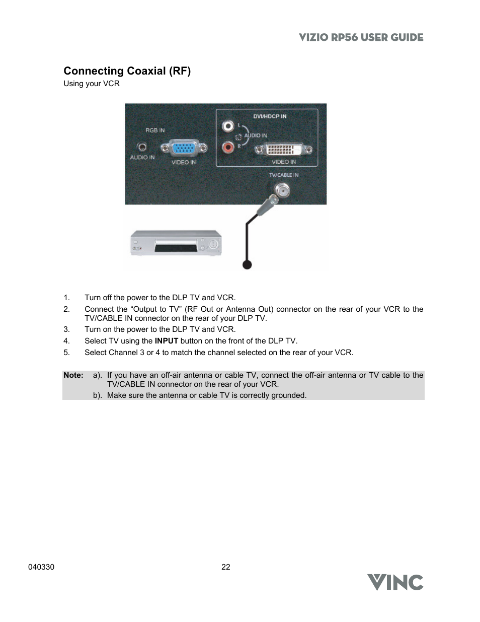 Vizio rp56 user guide, Connecting coaxial (rf) | Vizio RP56 User Manual | Page 25 / 59