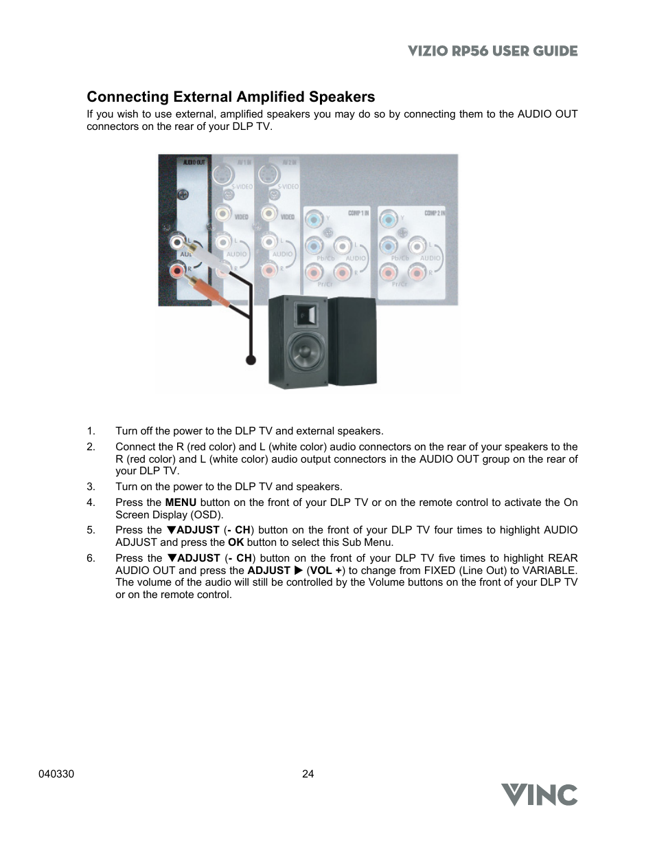 Vizio rp56 user guide, Connecting external amplified speakers | Vizio RP56 User Manual | Page 27 / 59