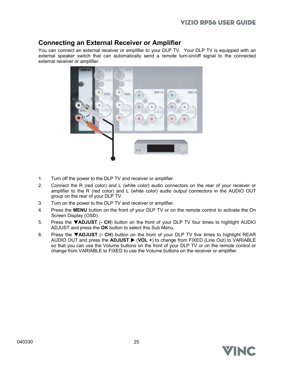 Vizio rp56 user guide, Connecting an external receiver or amplifier | Vizio RP56 User Manual | Page 28 / 59