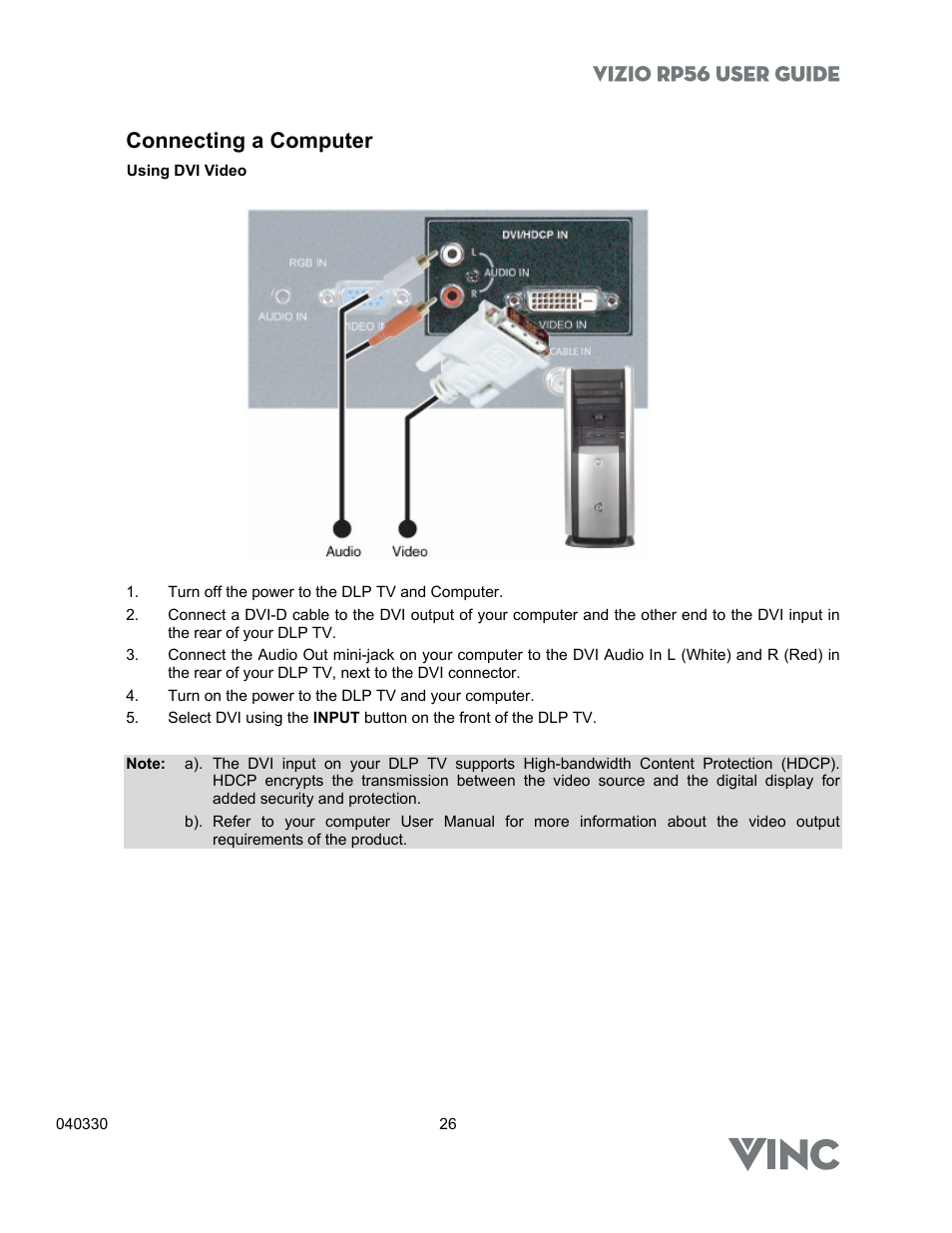 Vizio rp56 user guide, Connecting a computer | Vizio RP56 User Manual | Page 29 / 59