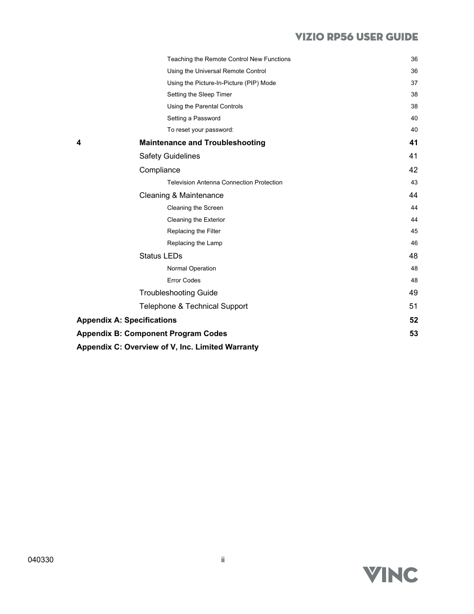 Vizio rp56 user guide | Vizio RP56 User Manual | Page 3 / 59