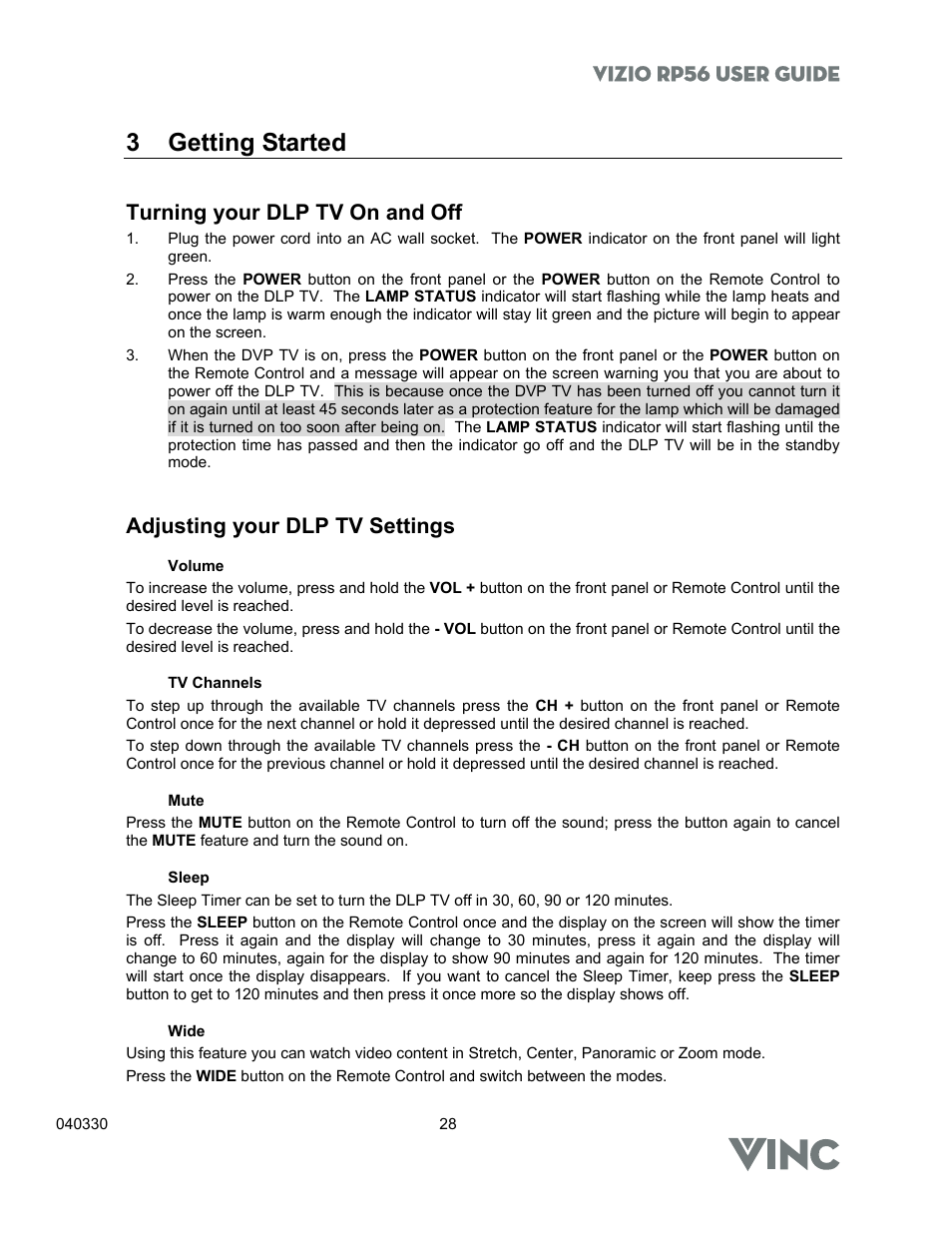 3 getting started, Vizio rp56 user guide, Turning your dlp tv on and off | Adjusting your dlp tv settings | Vizio RP56 User Manual | Page 31 / 59