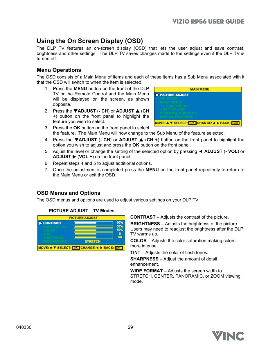 Vizio rp56 user guide, Using the on screen display (osd) | Vizio RP56 User Manual | Page 32 / 59