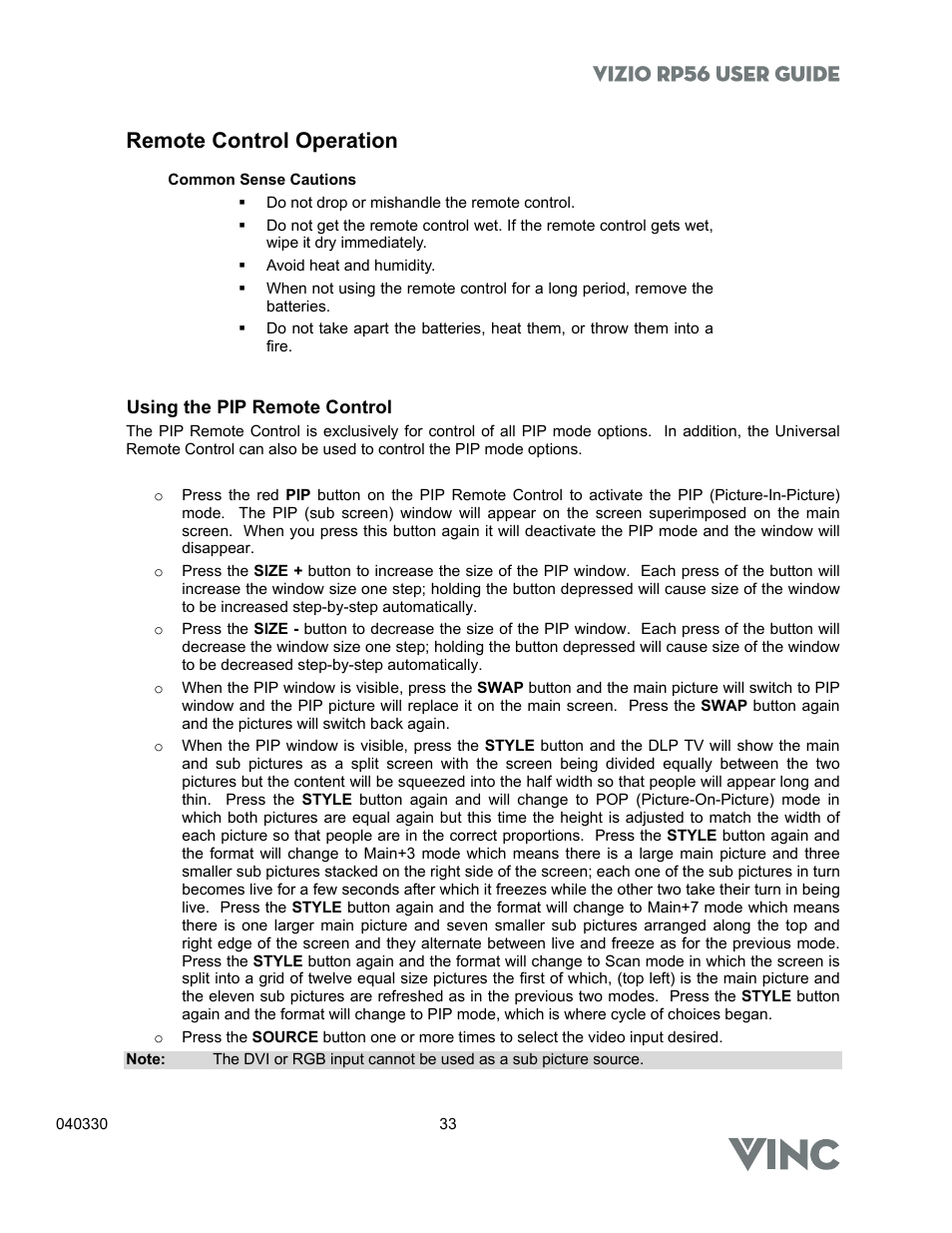 Vizio rp56 user guide, Remote control operation | Vizio RP56 User Manual | Page 36 / 59