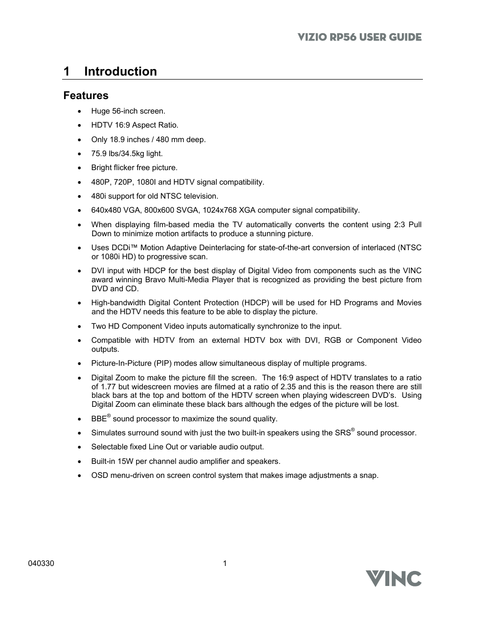 1 introduction, Vizio rp56 user guide, Features | Vizio RP56 User Manual | Page 4 / 59