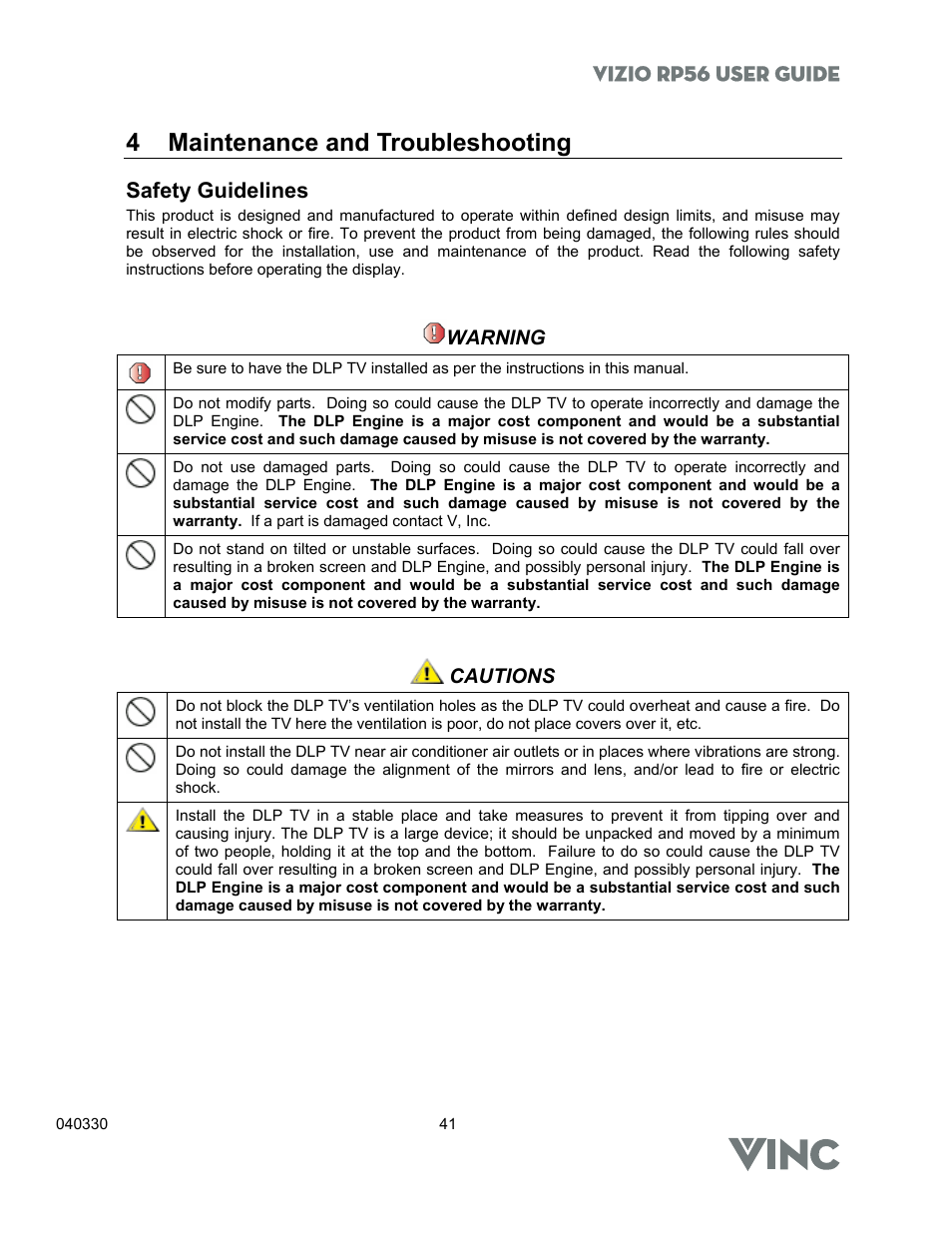 4 maintenance and troubleshooting, Vizio rp56 user guide, Safety guidelines | Warning, Cautions | Vizio RP56 User Manual | Page 44 / 59