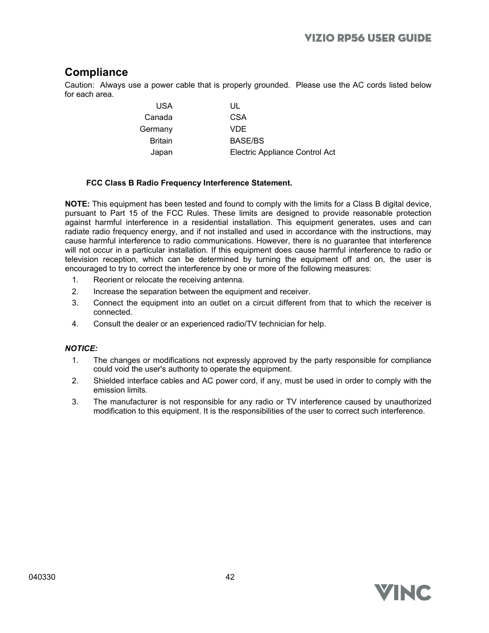 Vizio rp56 user guide, Compliance | Vizio RP56 User Manual | Page 45 / 59