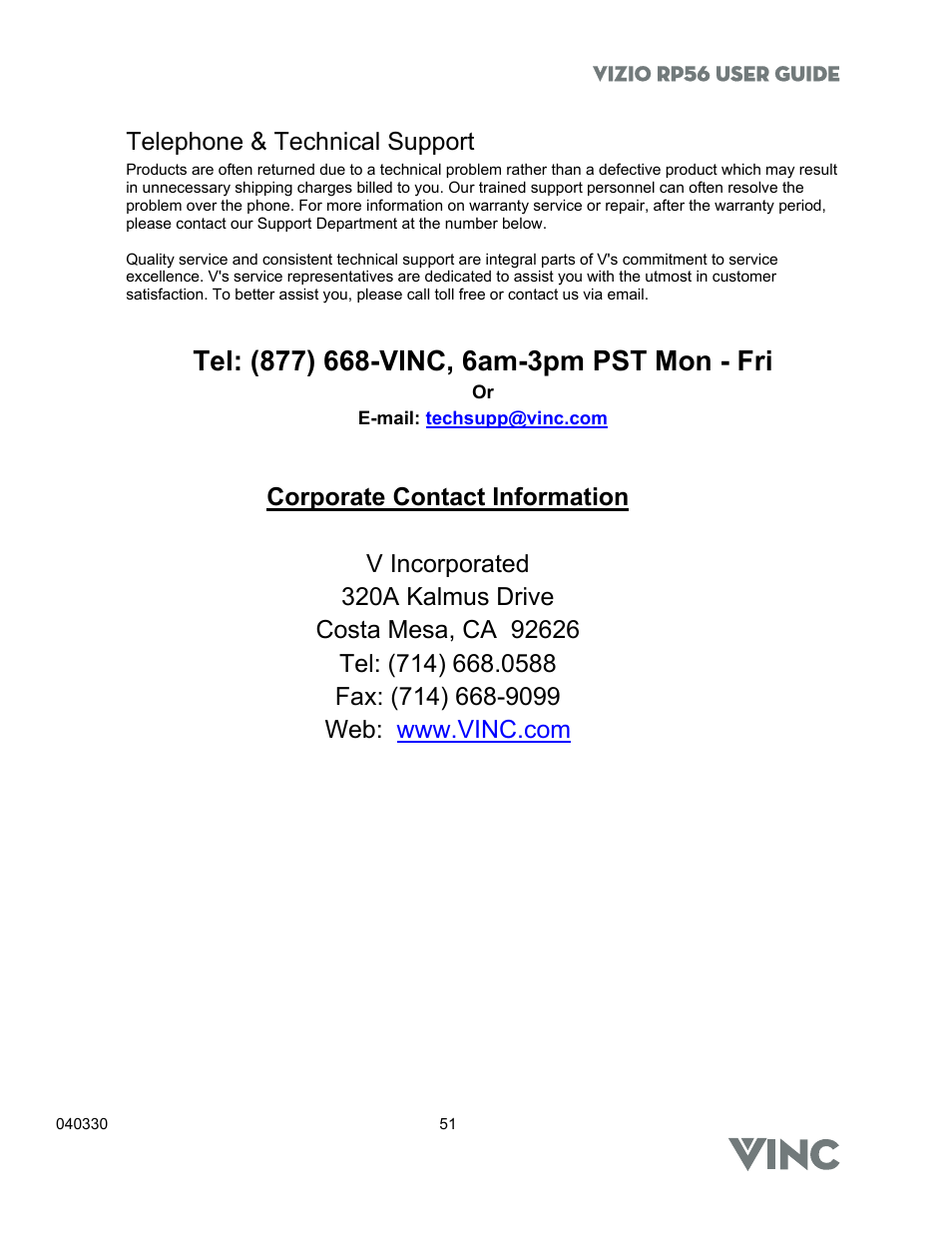 Telephone & technical support | Vizio RP56 User Manual | Page 54 / 59