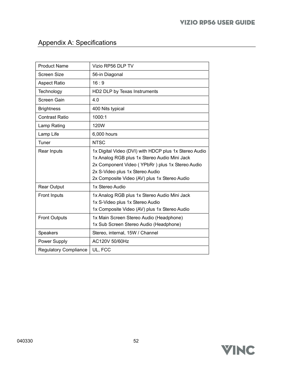 Vizio rp56 user guide, Appendix a: specifications | Vizio RP56 User Manual | Page 55 / 59
