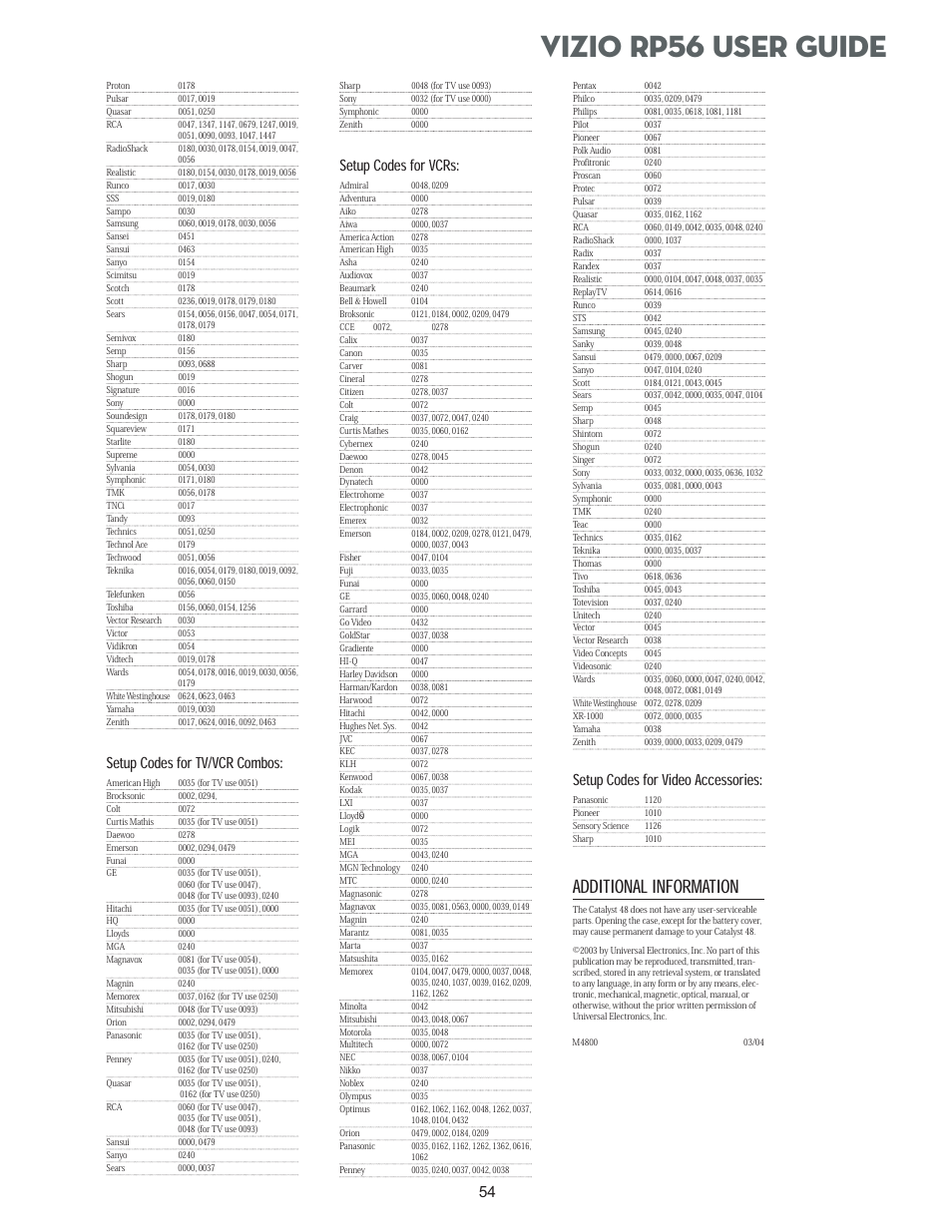 Vizio rp56 user guide, Additional information, Setup codes for tv/vcr combos | Setup codes for vcrs, Setup codes for video accessories | Vizio RP56 User Manual | Page 57 / 59