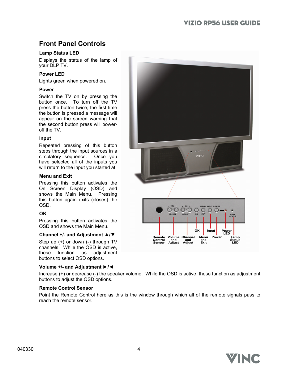 Vizio rp56 user guide, Front panel controls | Vizio RP56 User Manual | Page 7 / 59