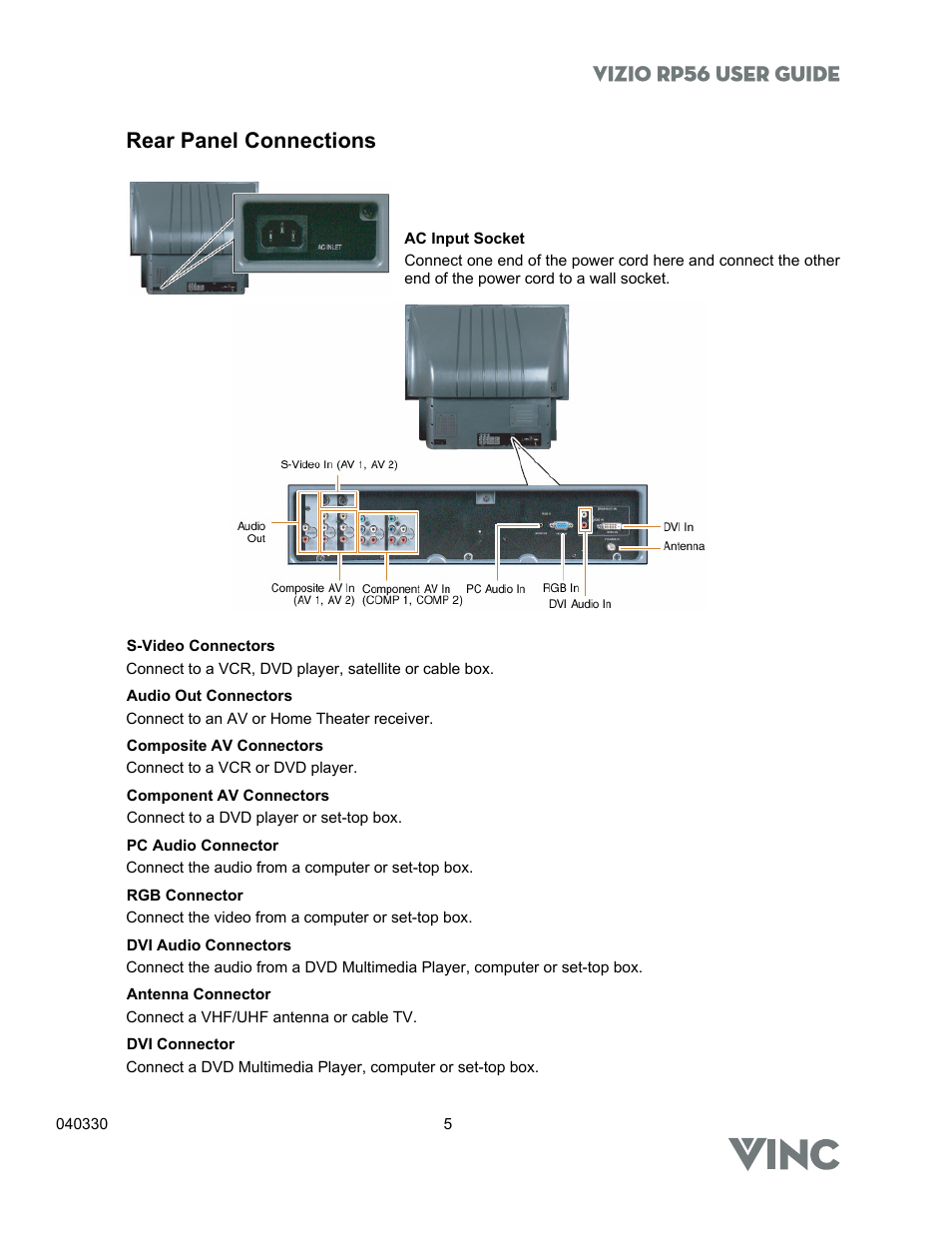 Vizio rp56 user guide, Rear panel connections | Vizio RP56 User Manual | Page 8 / 59