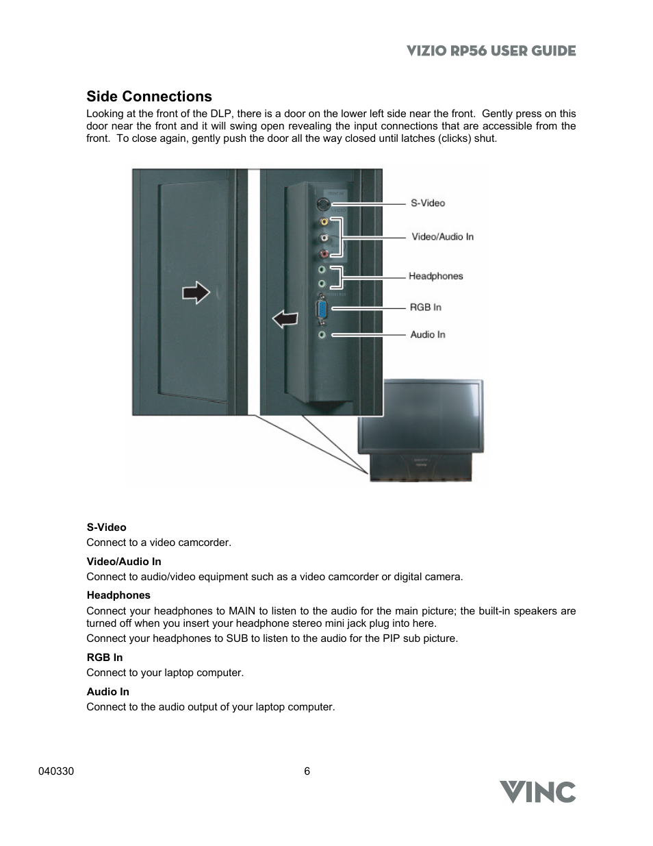 Vizio rp56 user guide, Side connections | Vizio RP56 User Manual | Page 9 / 59