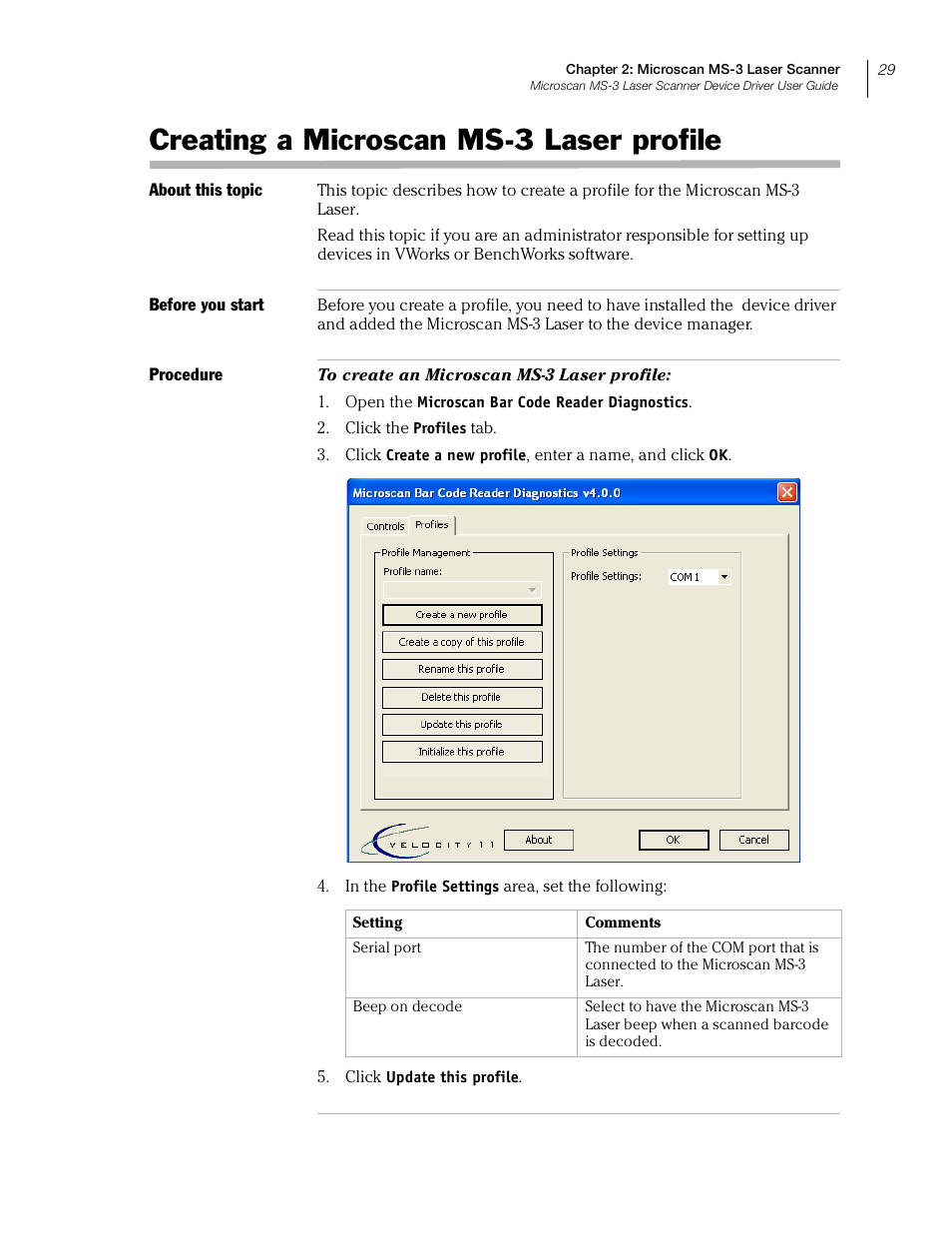 Creating a microscan ms-3 laser profile, Creating a m | Velocity Micro MS-3 User Manual | Page 33 / 38