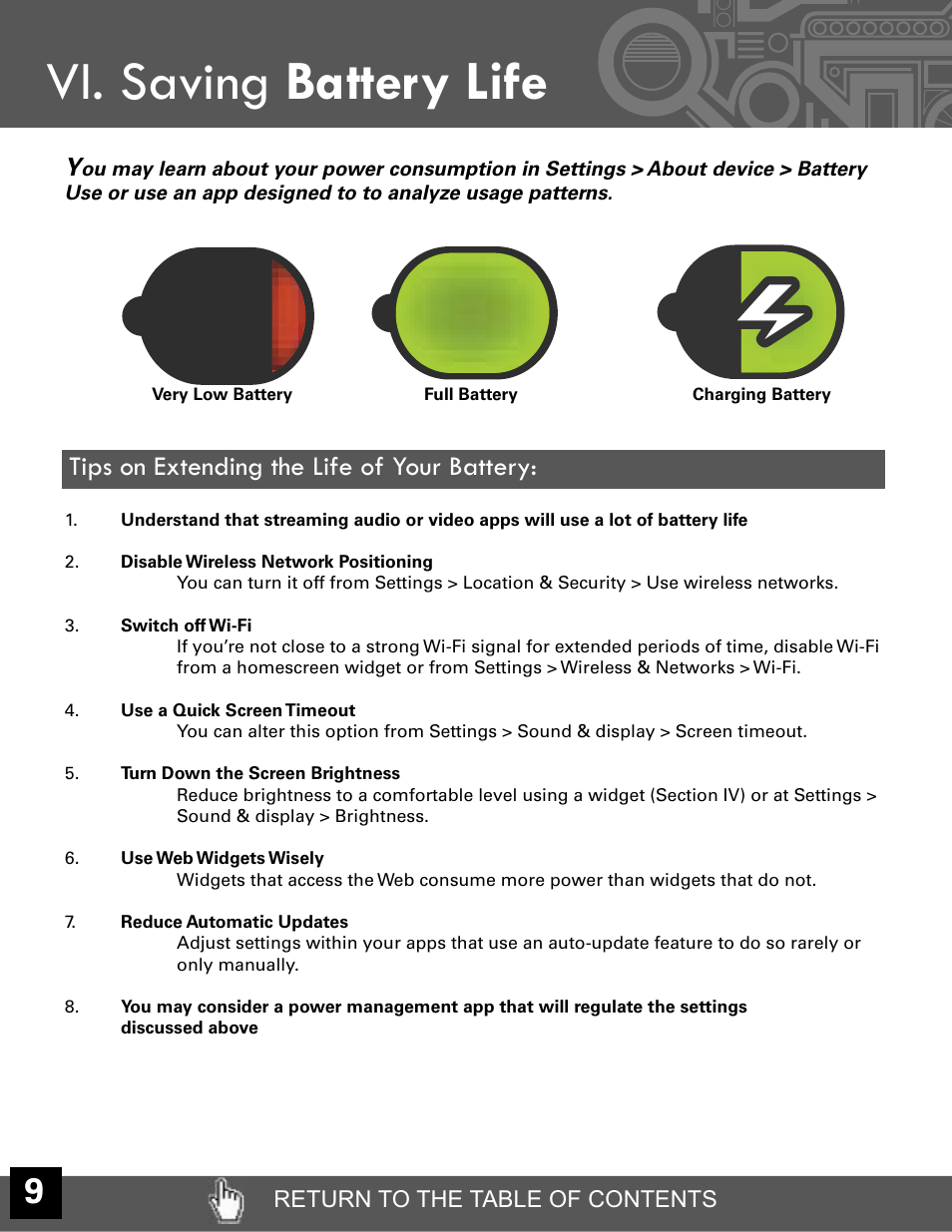 Bookmark 6, Vi. saving battery life, Tips on extending the life of your battery | Return to the table of contents | Velocity Micro CRUZ T301 User Manual | Page 10 / 27