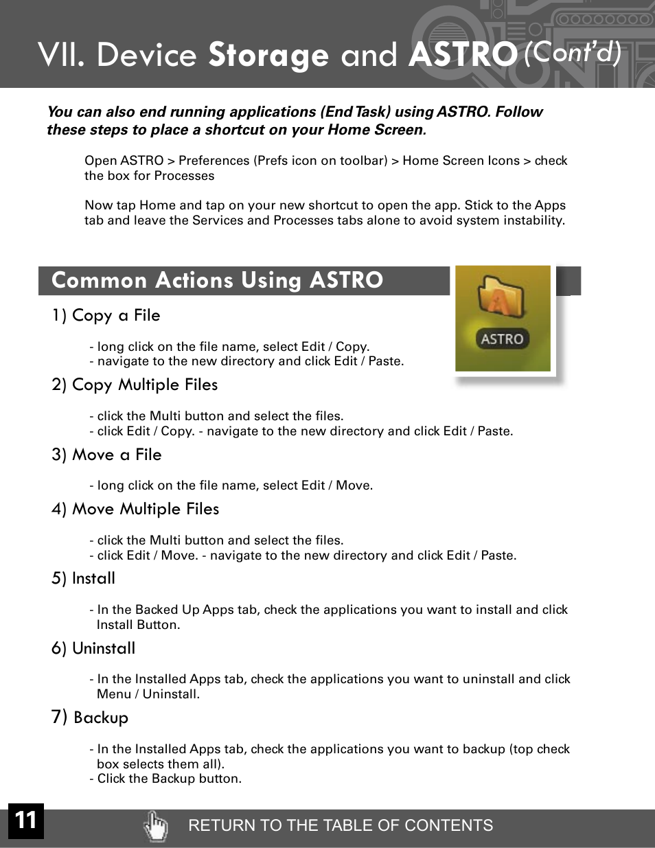 Vii. device storage and, Astro, Cont’d) | Common actions using astro, 1) copy a file, 2) copy multiple files, 3) move a file, 4) move multiple files, 5) install, 6) uninstall | Velocity Micro CRUZ T301 User Manual | Page 12 / 27