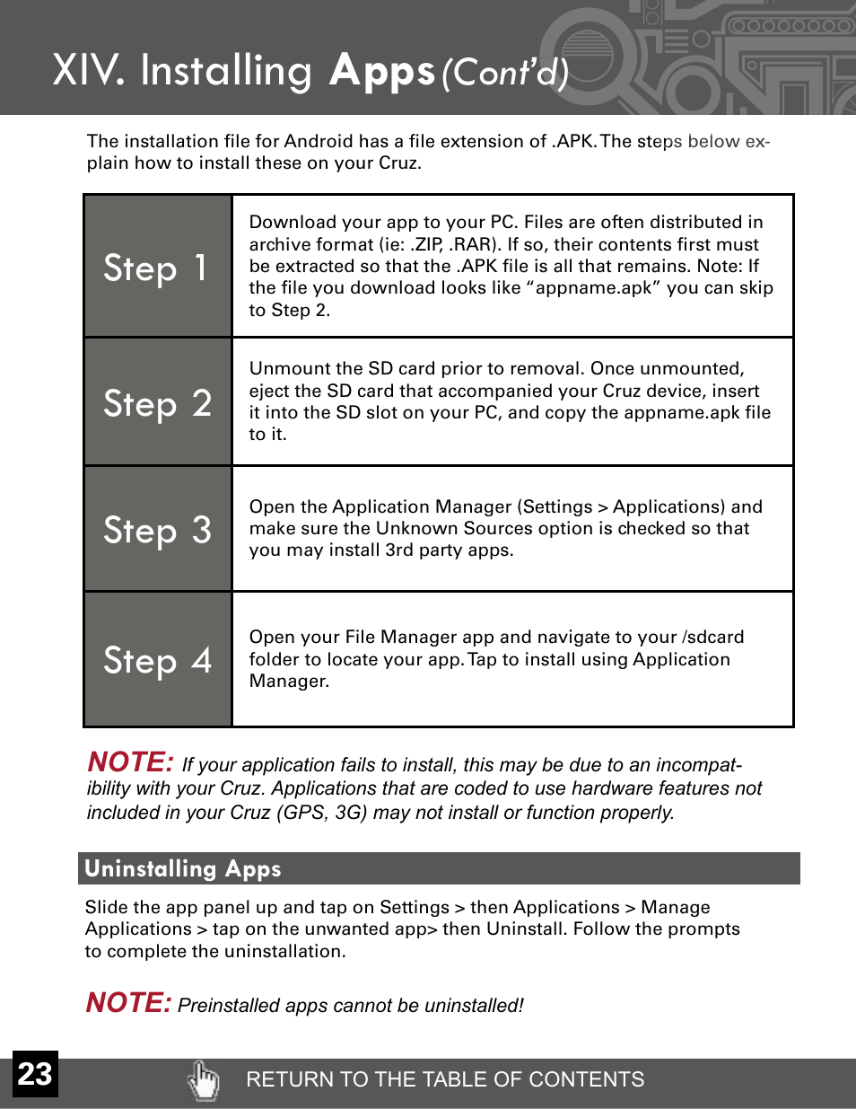 Xiv. installing apps, Cont’d), Step 1 | Step 2, Step 3, Step 4, T’d) | Velocity Micro CRUZ T301 User Manual | Page 24 / 27