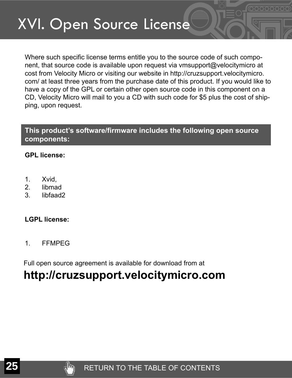 Xvi. open source license | Velocity Micro CRUZ T301 User Manual | Page 26 / 27