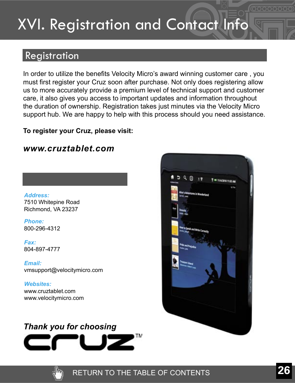 Xvi. registration and contact info, Registration | Velocity Micro CRUZ T301 User Manual | Page 27 / 27