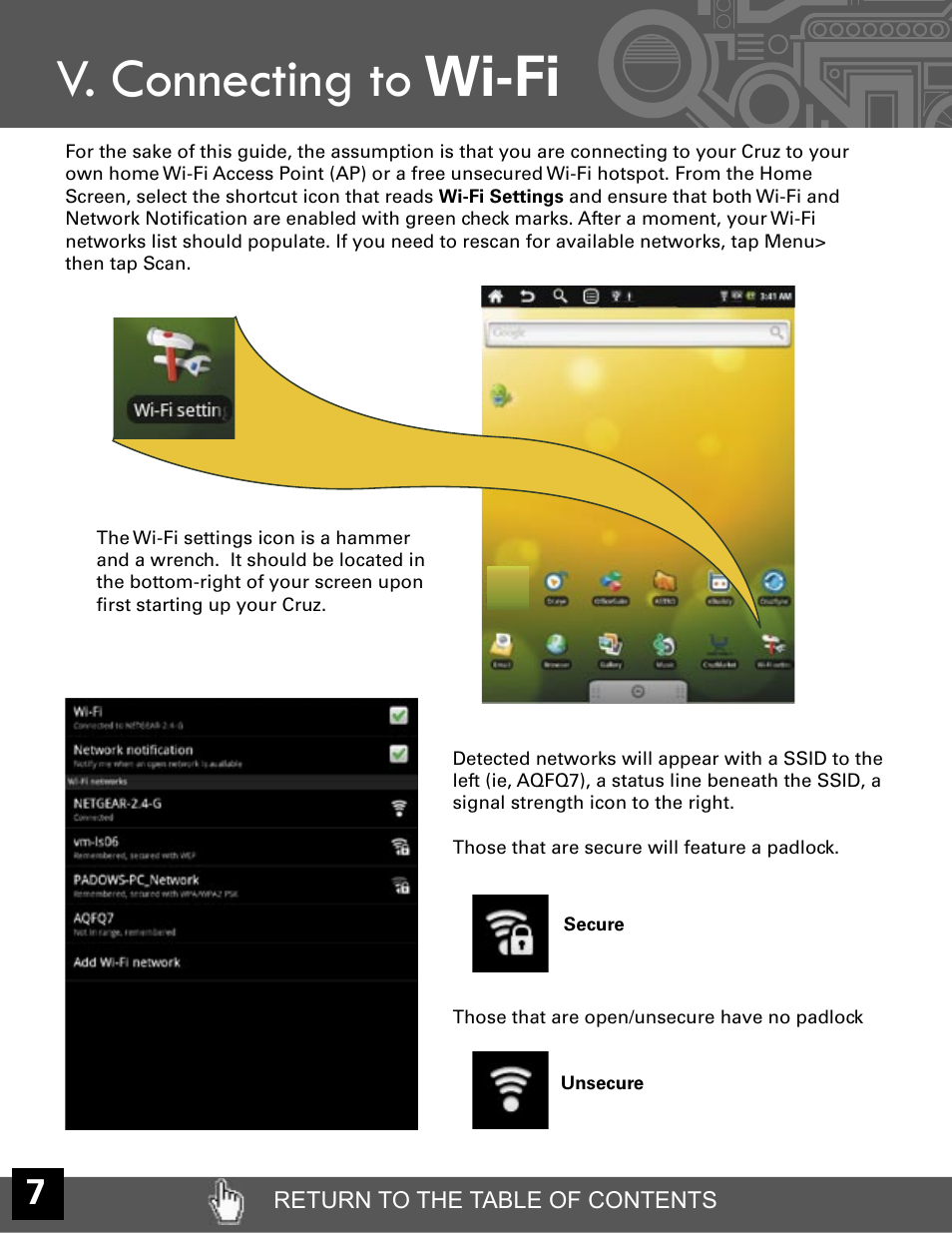Bookmark 5, V. connecting to, Wi-fi | Velocity Micro CRUZ T301 User Manual | Page 8 / 27