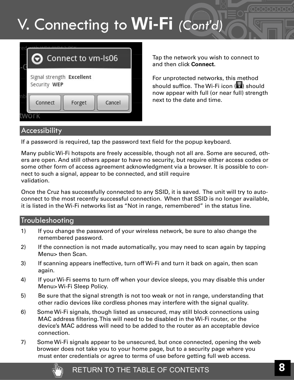 V. connecting to, Wi-fi, Cont’d) | Accessibility, Troubleshooting | Velocity Micro CRUZ T301 User Manual | Page 9 / 27