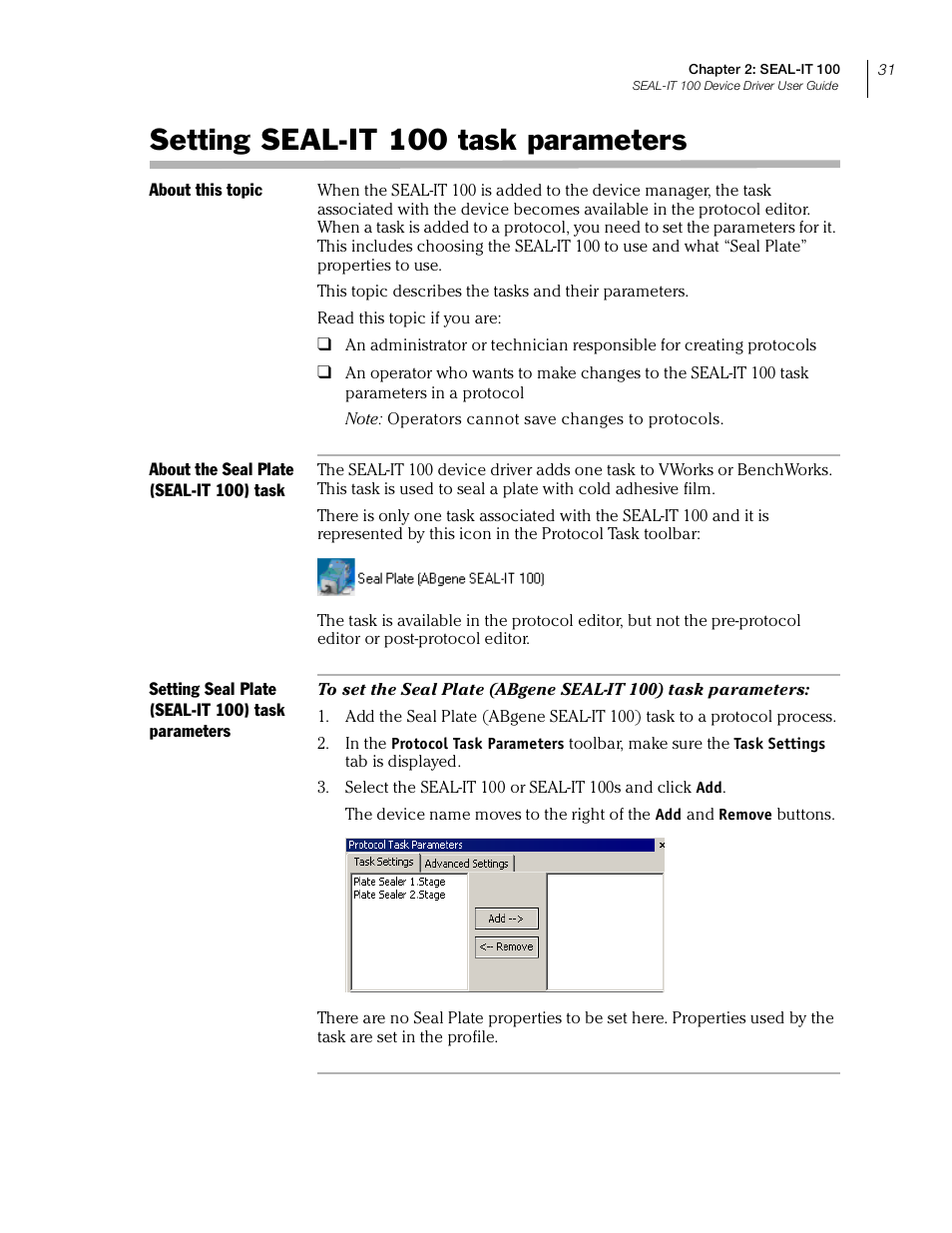 Setting seal-it 100 task parameters, Setting s | Velocity Micro SEAL-IT 100 User Manual | Page 35 / 38