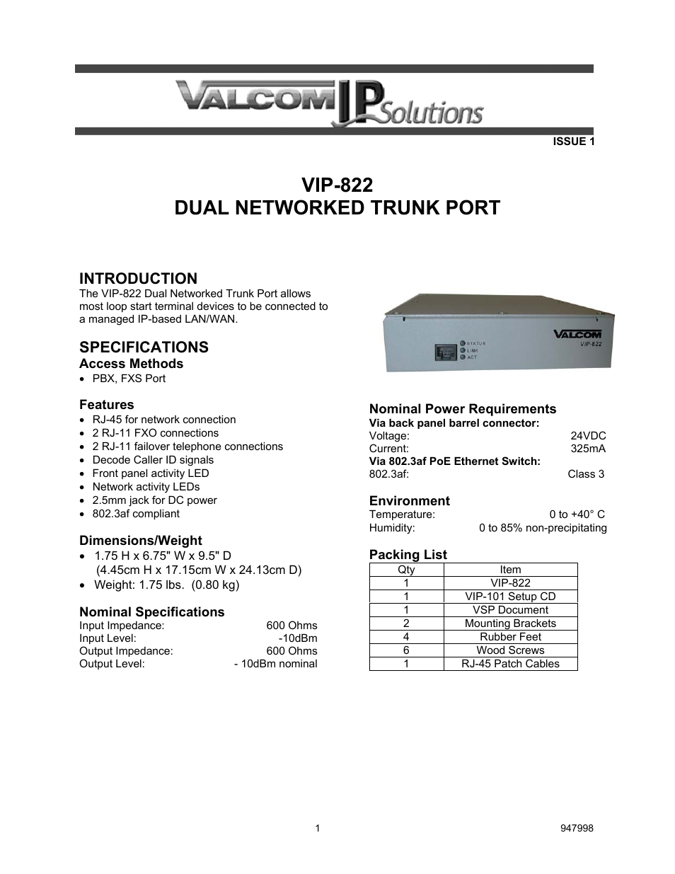 Valcom VIP-822 User Manual | 3 pages