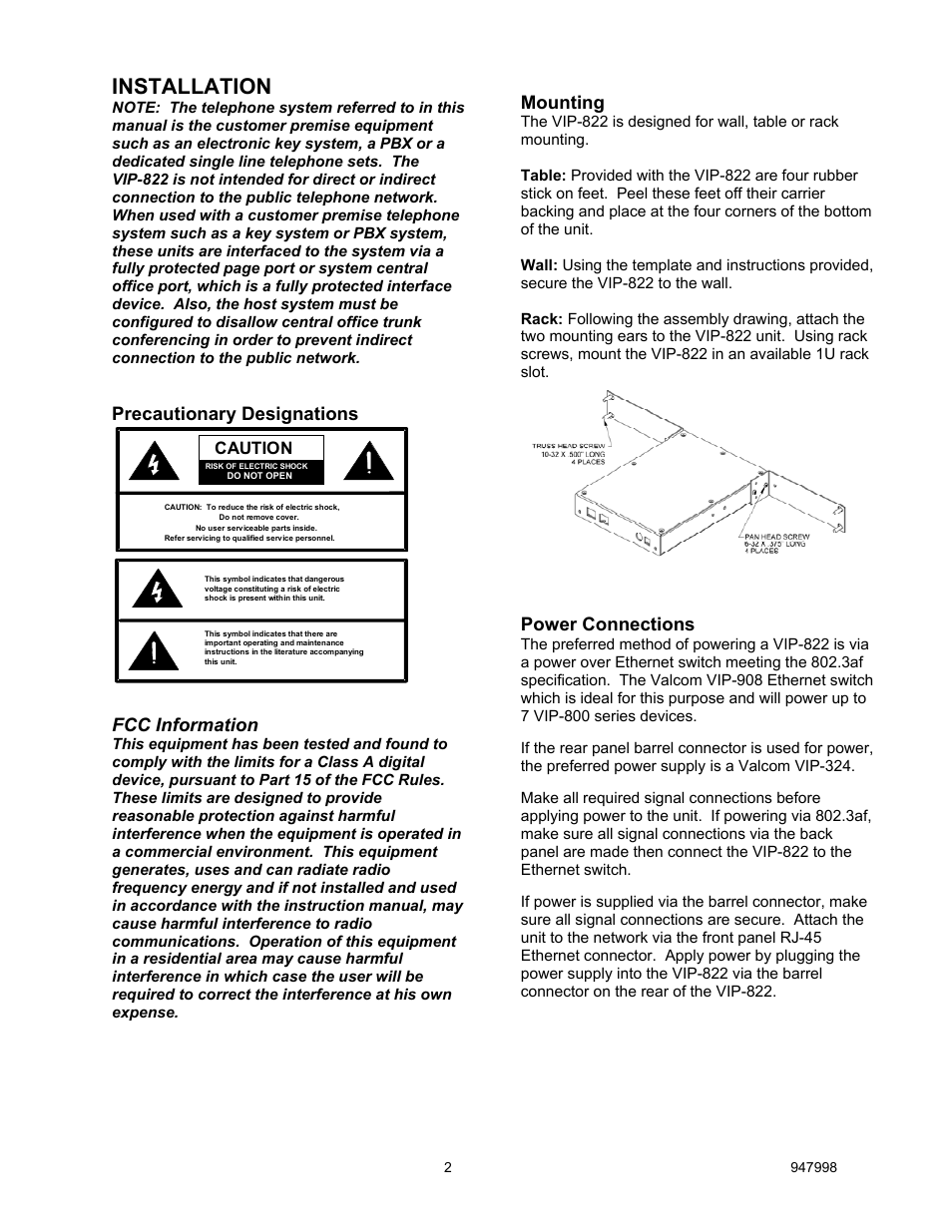 Installation, Precautionary designations fcc information, Mounting | Power connections, Caution | Valcom VIP-822 User Manual | Page 2 / 3
