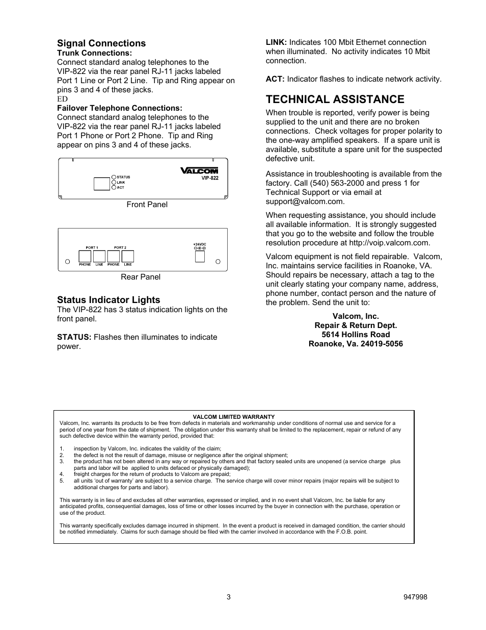 Technical assistance, Signal connections, Status indicator lights | Valcom VIP-822 User Manual | Page 3 / 3