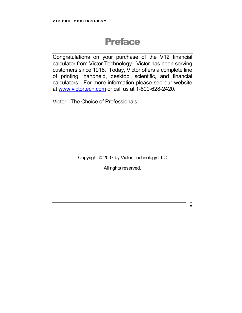 Preface | Victor Technology V12 User Manual | Page 2 / 73