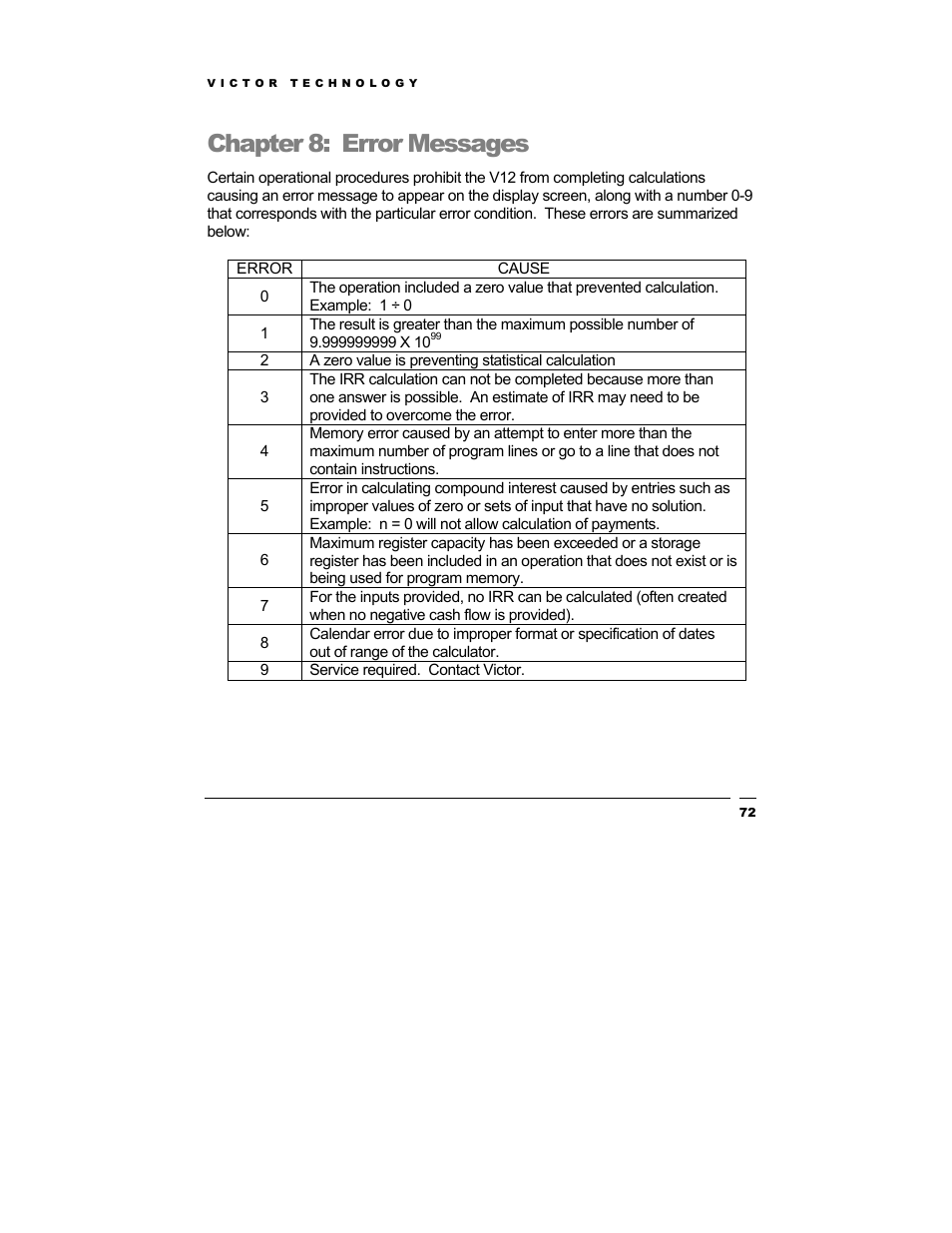 Chapter 8: error messages | Victor Technology V12 User Manual | Page 72 / 73