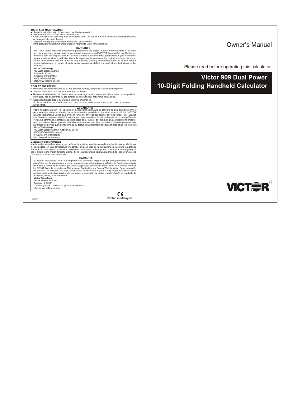 Victor Technology 909 User Manual | 2 pages