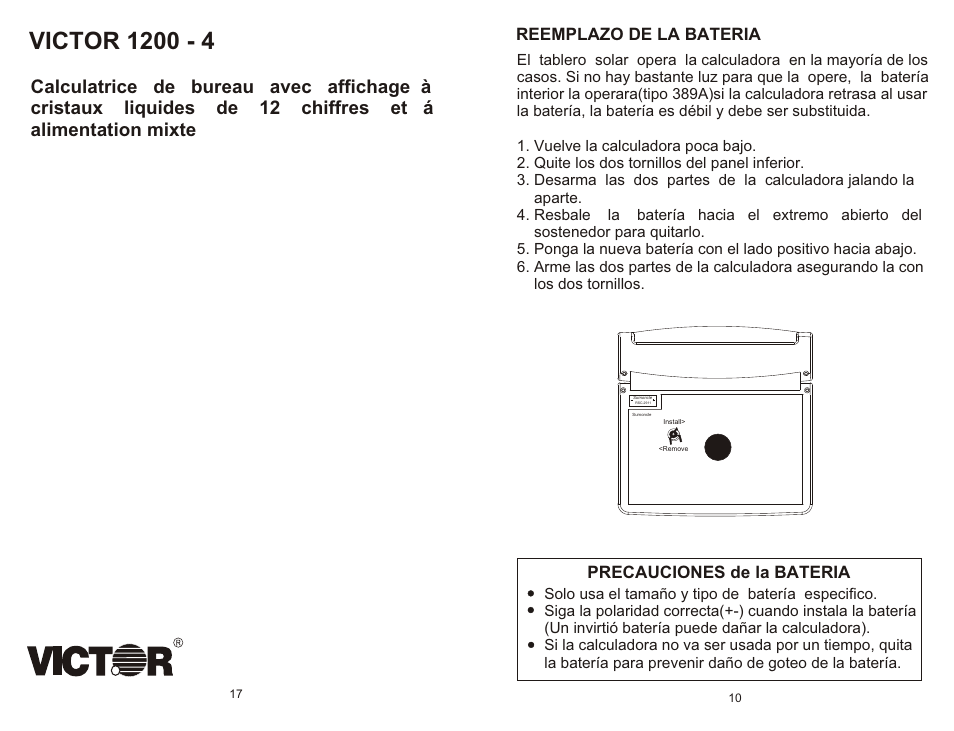Reemplazo de la bateria precauciones de la bateria | Victor Technology 1200-4 User Manual | Page 11 / 14