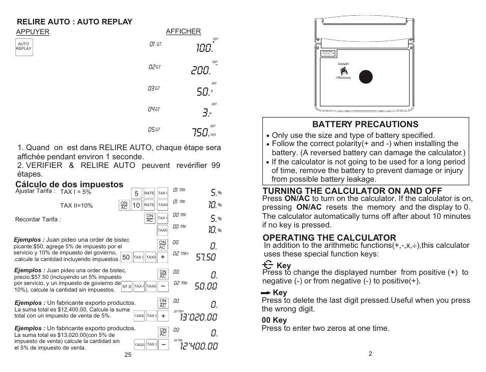 Battery precautions, Cálculo de dos impuestos, Relire auto : auto replay | Victor Technology 1200-4 User Manual | Page 3 / 14