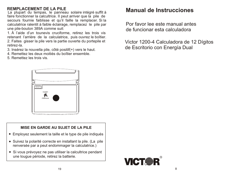 Manual de instrucciones, Remplacement de la pile | Victor Technology 1200-4 User Manual | Page 9 / 14