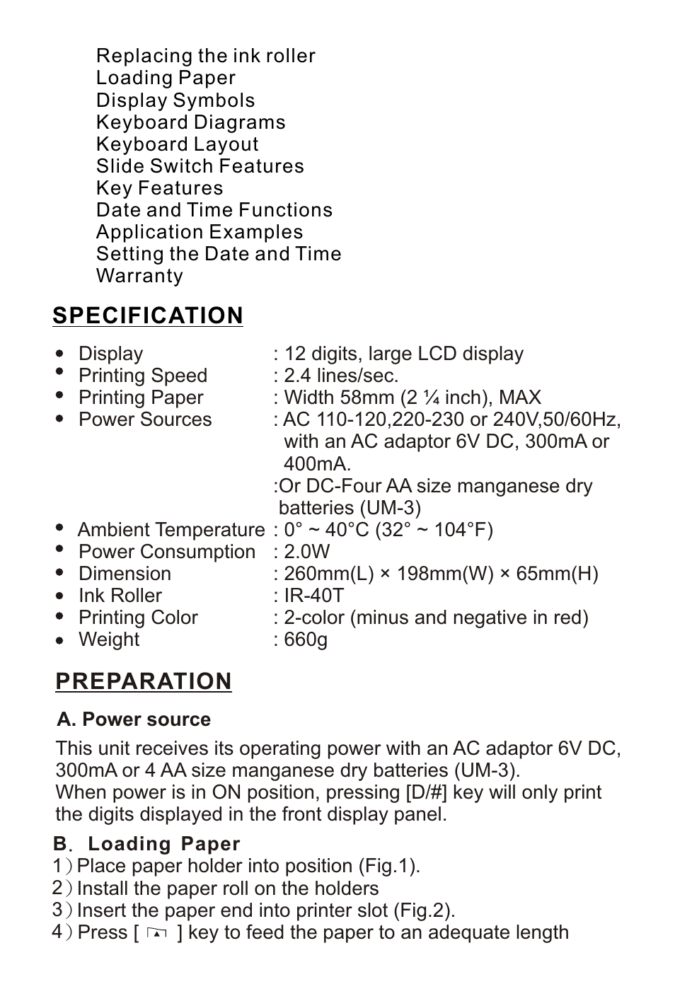 页面 3, Specification, Preparation | Victor Technology 1212-3A Series User Manual | Page 3 / 36