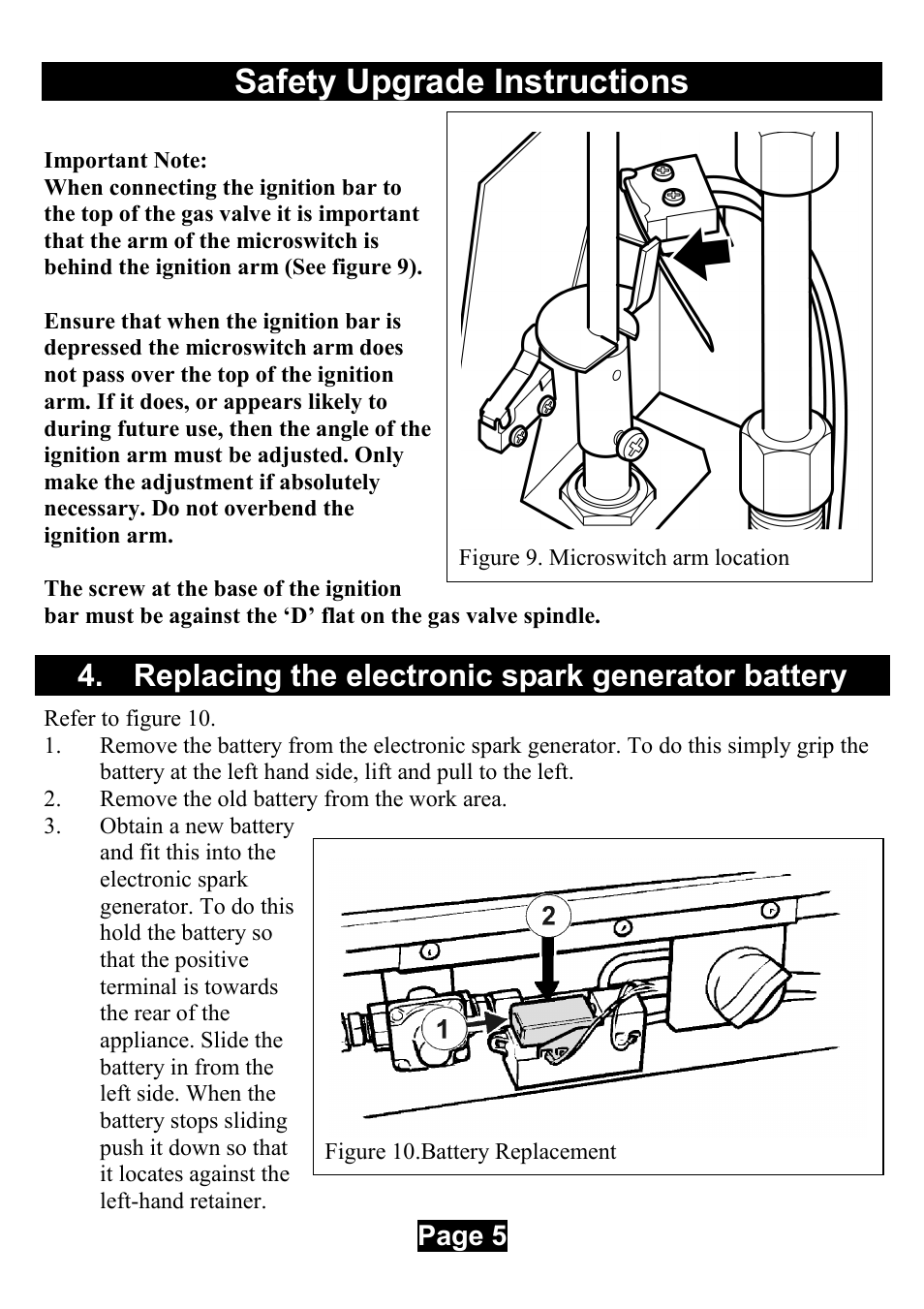 Replacing the electronic spark generator battery, Safety upgrade instructions | Valor Auto Companion Inc. Valor Legend Ultra 837 AN User Manual | Page 5 / 12