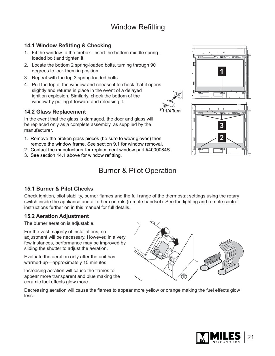 Window refi tting, Burner & pilot operation 2 1 3 | Valor Auto Companion Inc. 739DVN User Manual | Page 21 / 31