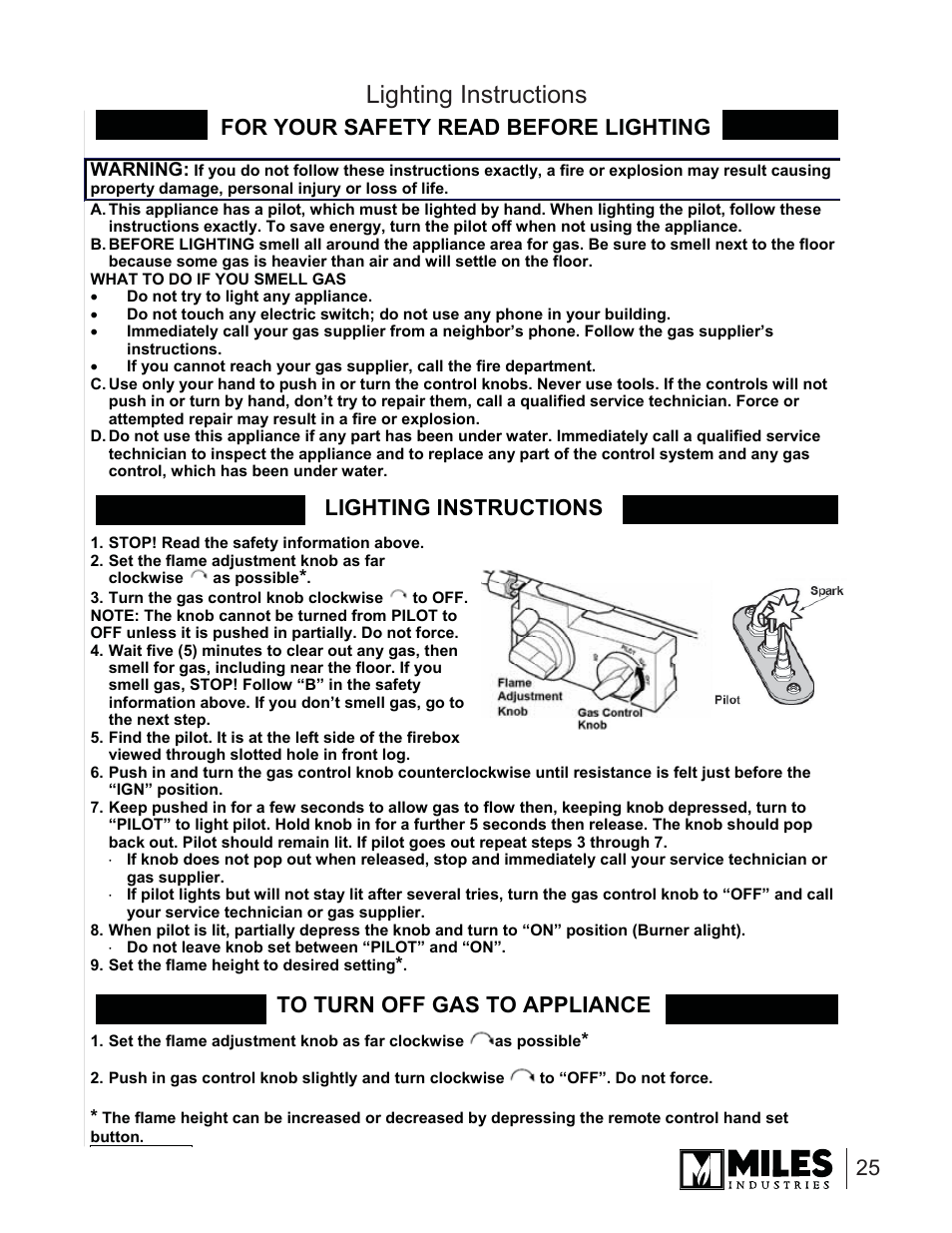 For your safety read before lighting, Lighting instructions, Warning | Valor Auto Companion Inc. 739DVN User Manual | Page 25 / 31