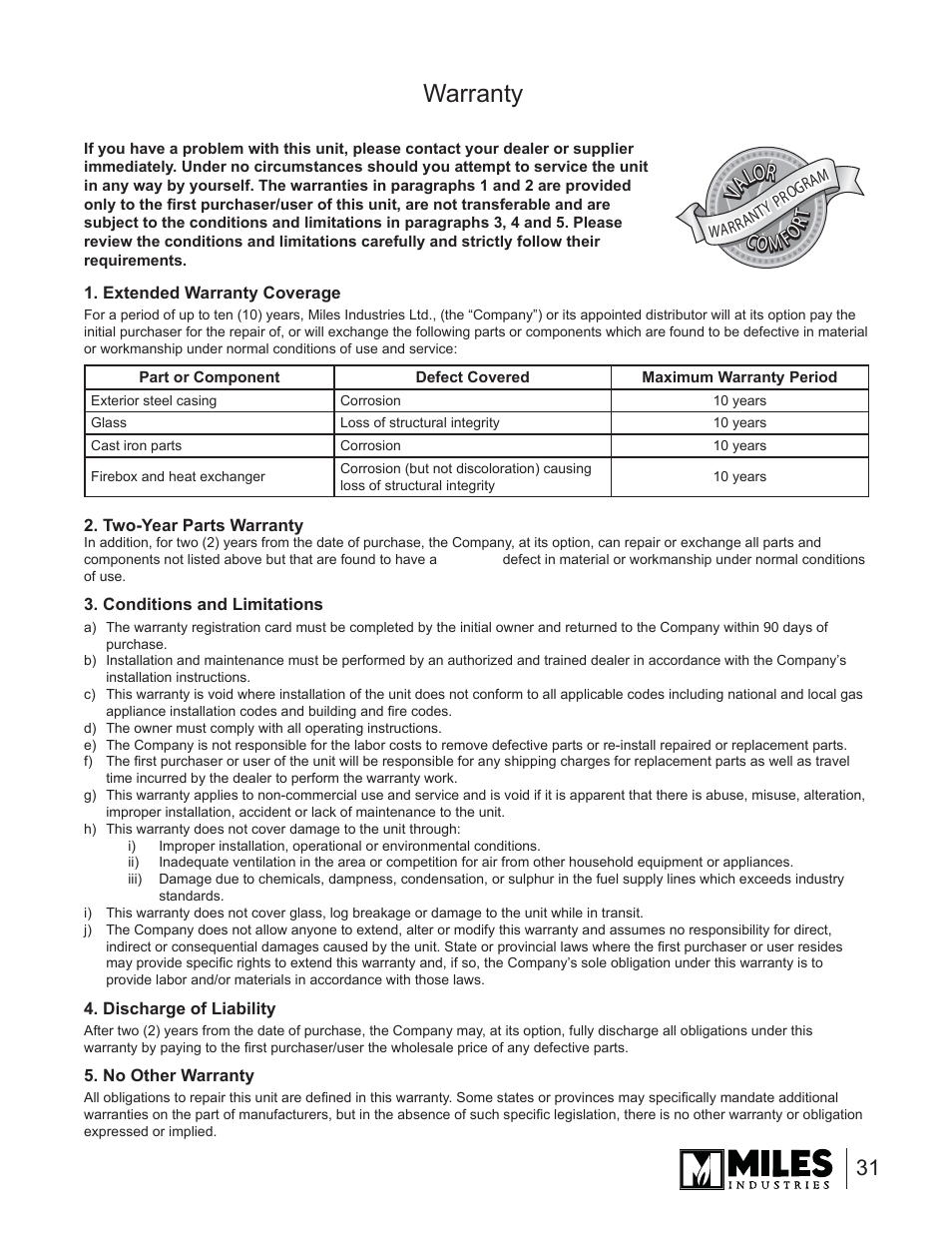 Warranty, Va lor, Co m fo r t | Valor Auto Companion Inc. 739DVN User Manual | Page 31 / 31