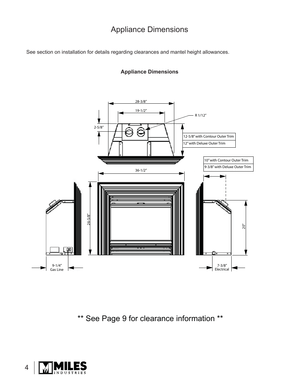 See page 9 for clearance information, Appliance dimensions | Valor Auto Companion Inc. 739DVN User Manual | Page 4 / 31