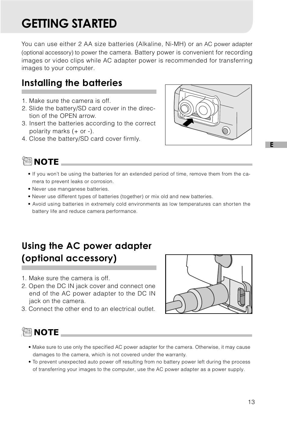 Getting started, Installing the batteries, Using the ac power adapter | Lcd monitor information, Using the ac power adapter (optional accessory) | Vivitar V3625 User Manual | Page 14 / 47