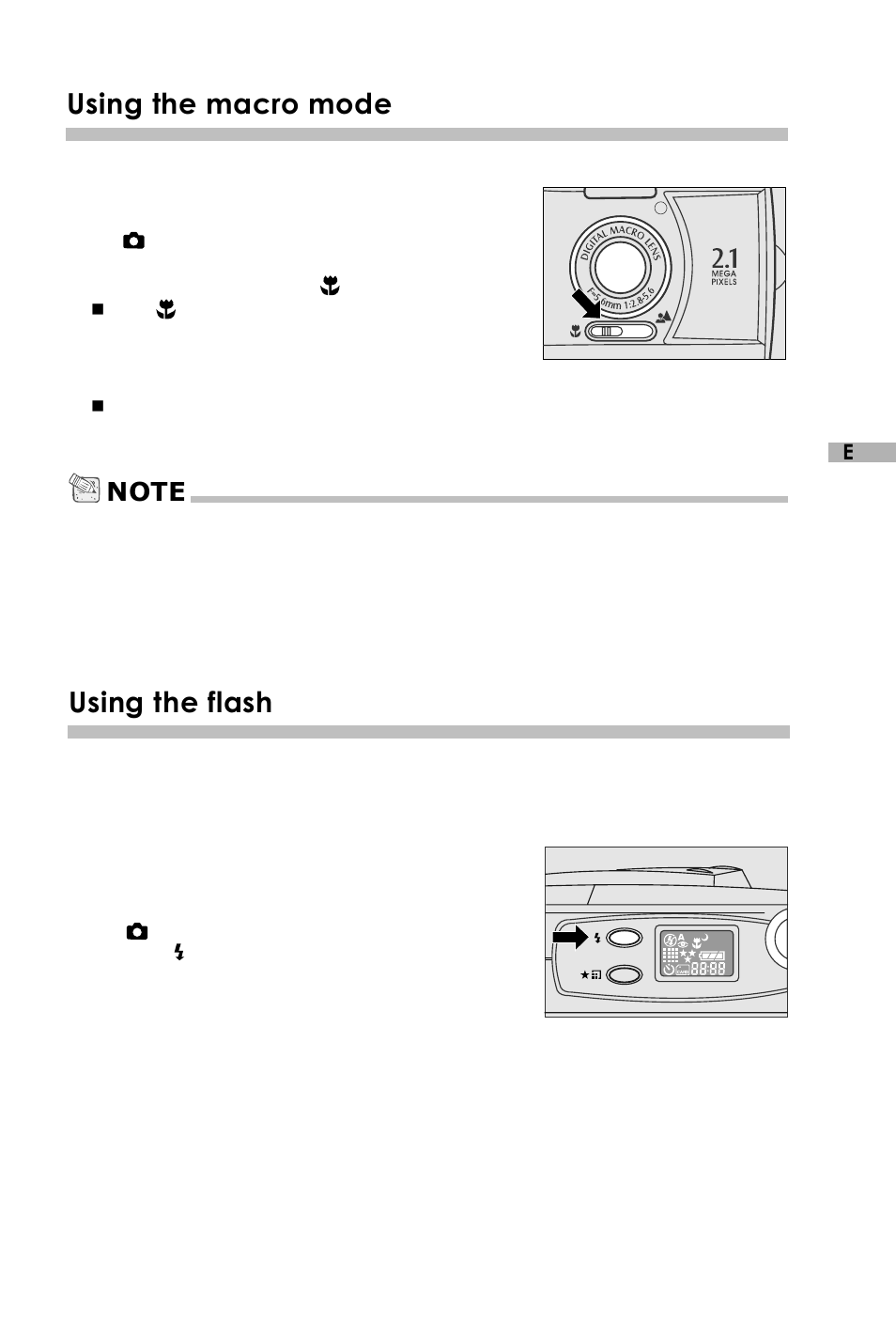 Using the macro mode, Using the flash | Vivitar V3625 User Manual | Page 22 / 47