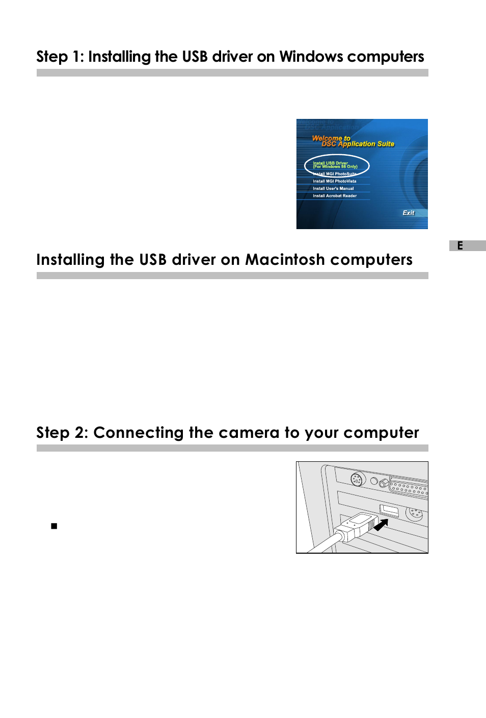 Step 1: installing the usb driver, Installing the usb driver, Step 2: connecting the camera | On macintosh computers, To your computer, Installing the usb driver on macintosh computers, Step 2: connecting the camera to your computer | Vivitar V3625 User Manual | Page 32 / 47