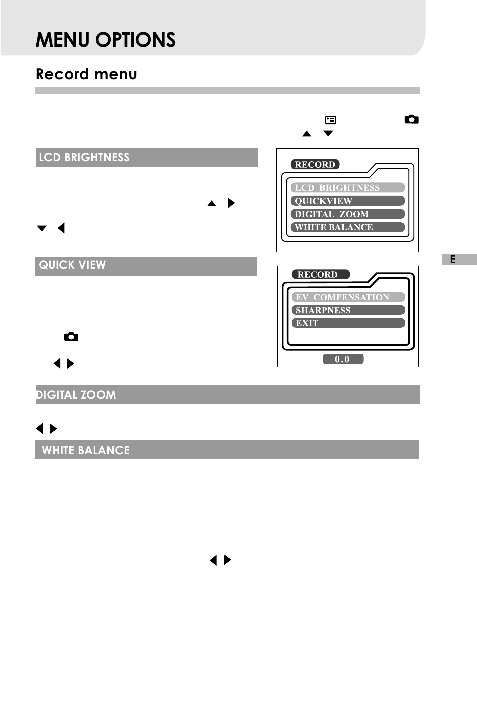 Menu options, Record menu | Vivitar V3625 User Manual | Page 38 / 47