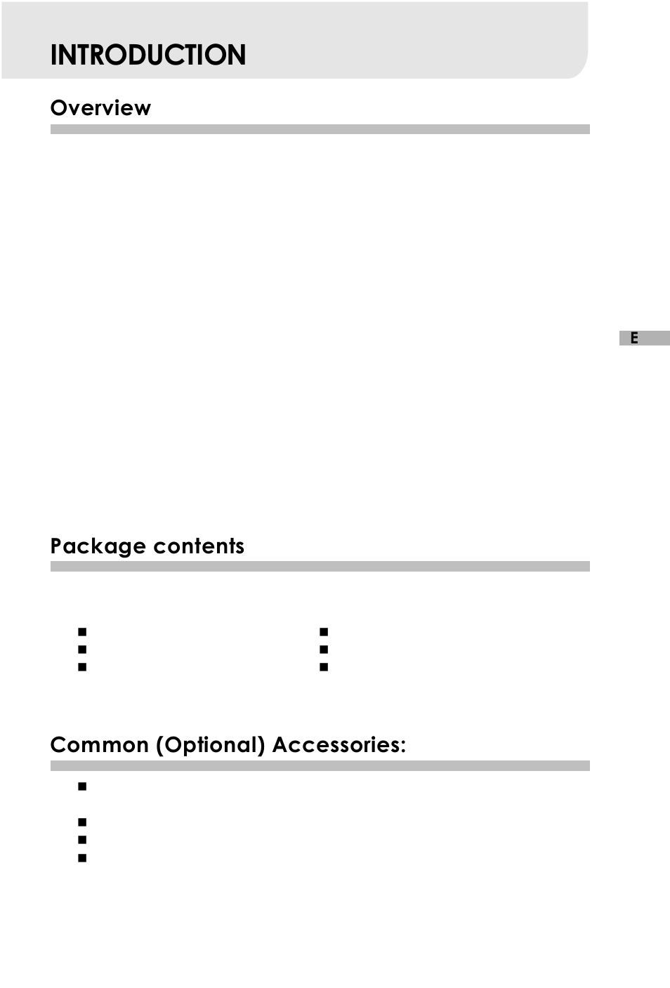 Introduction, Overview, Package contents | Common (optional) accessories | Vivitar V3625 User Manual | Page 8 / 47