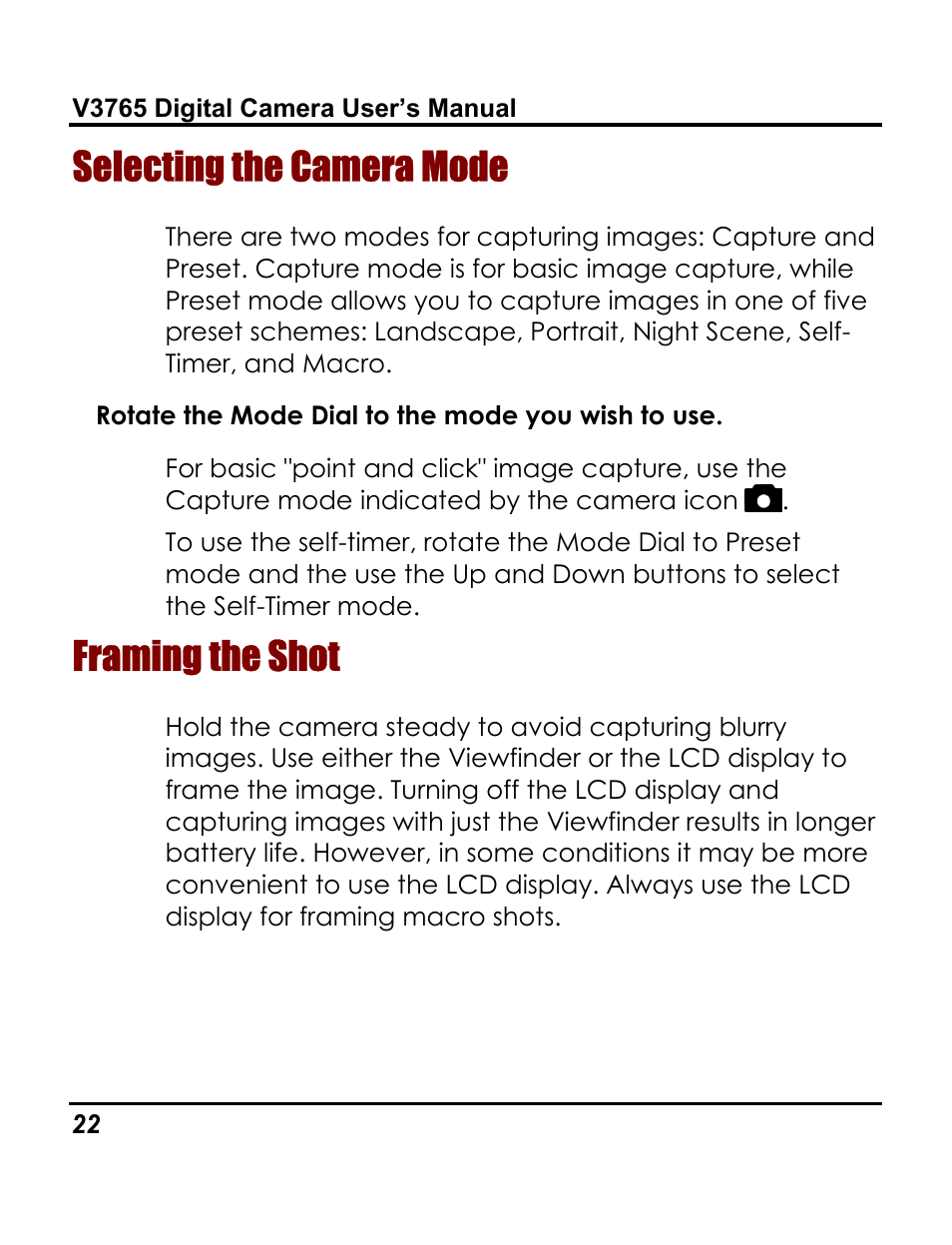 Selecting the camera mode, Framing the shot | Vivitar 3765 User Manual | Page 26 / 55