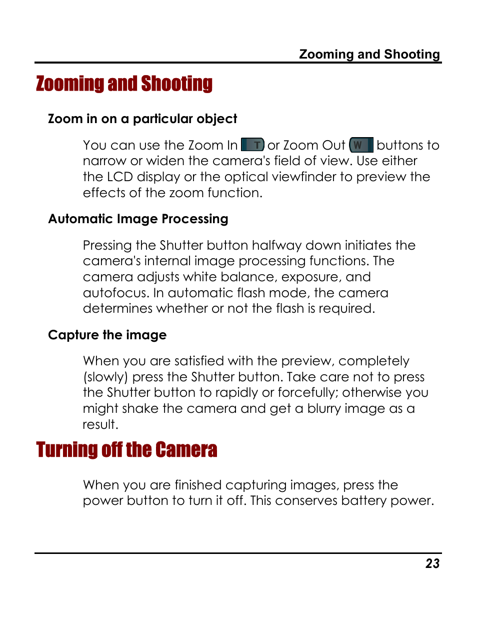 Zooming and shooting, Turning off the camera | Vivitar 3765 User Manual | Page 27 / 55